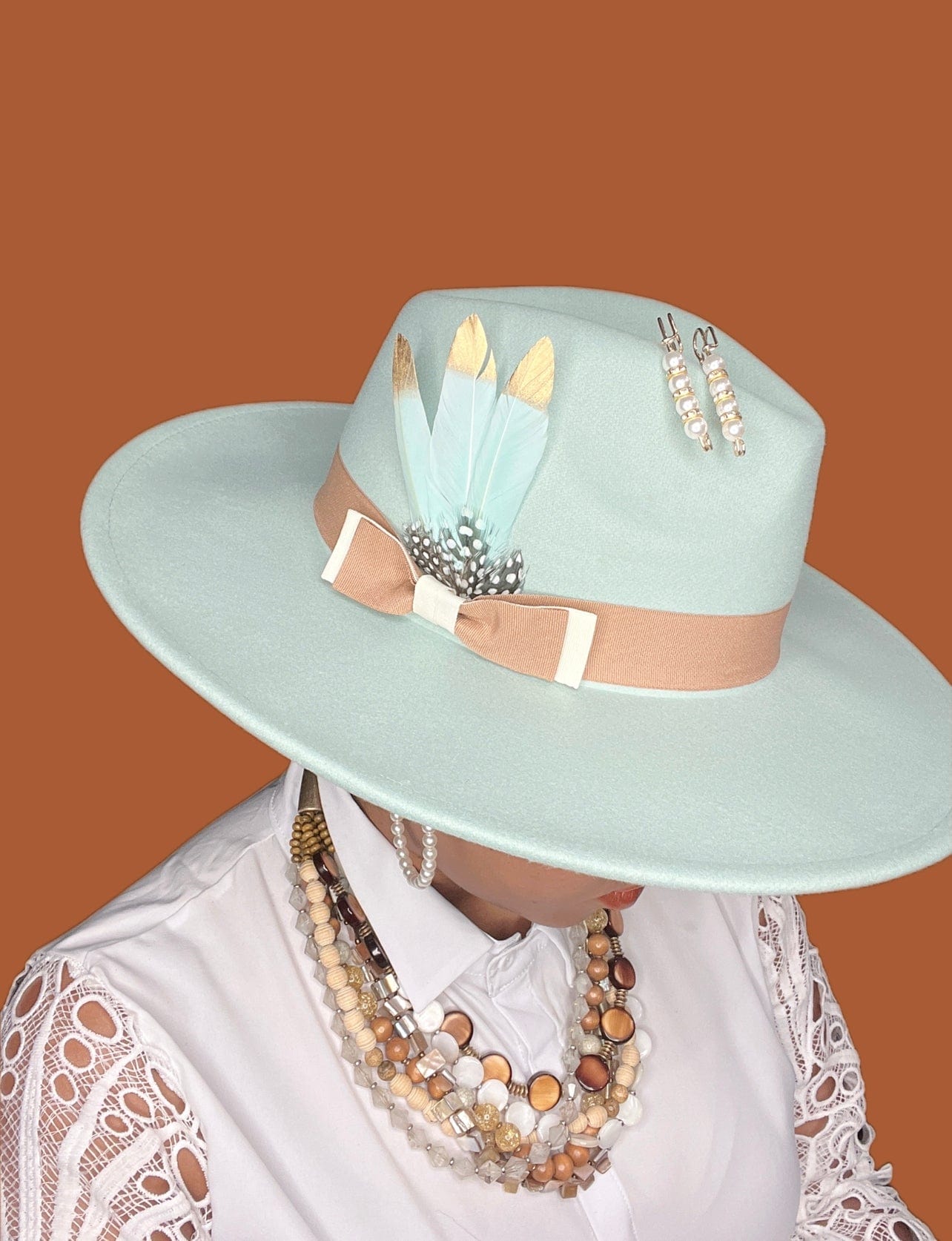 Bow Tie Fedora Hat Cotton Vanilla Mint